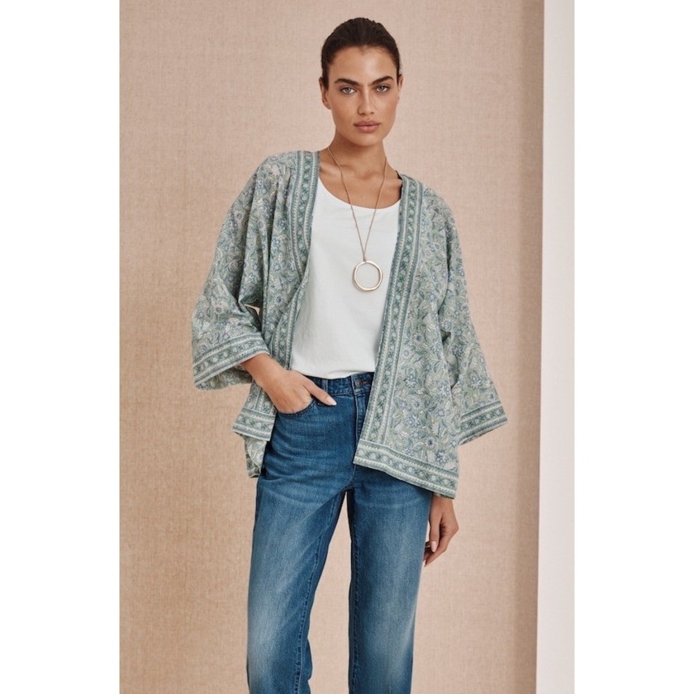 NWT J. Jill Pure Jill Blue Block Print Open Kimono Cardigan Topper Size XL-3X